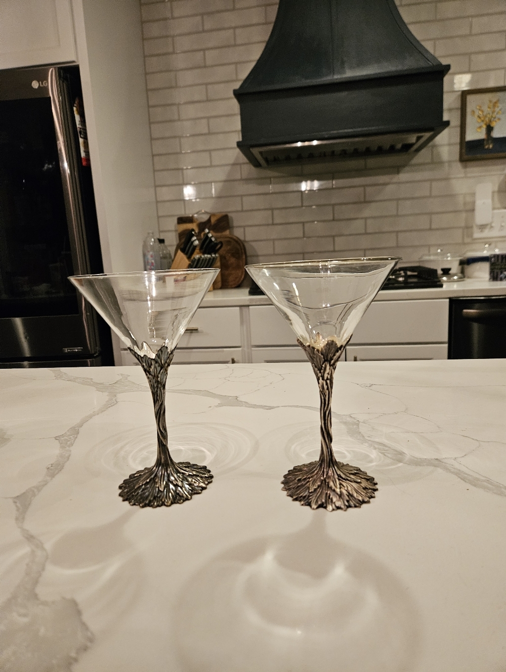 Rare Gray Goose Elegant Pewter Leaf Stem Martini Glasses - Set of 2